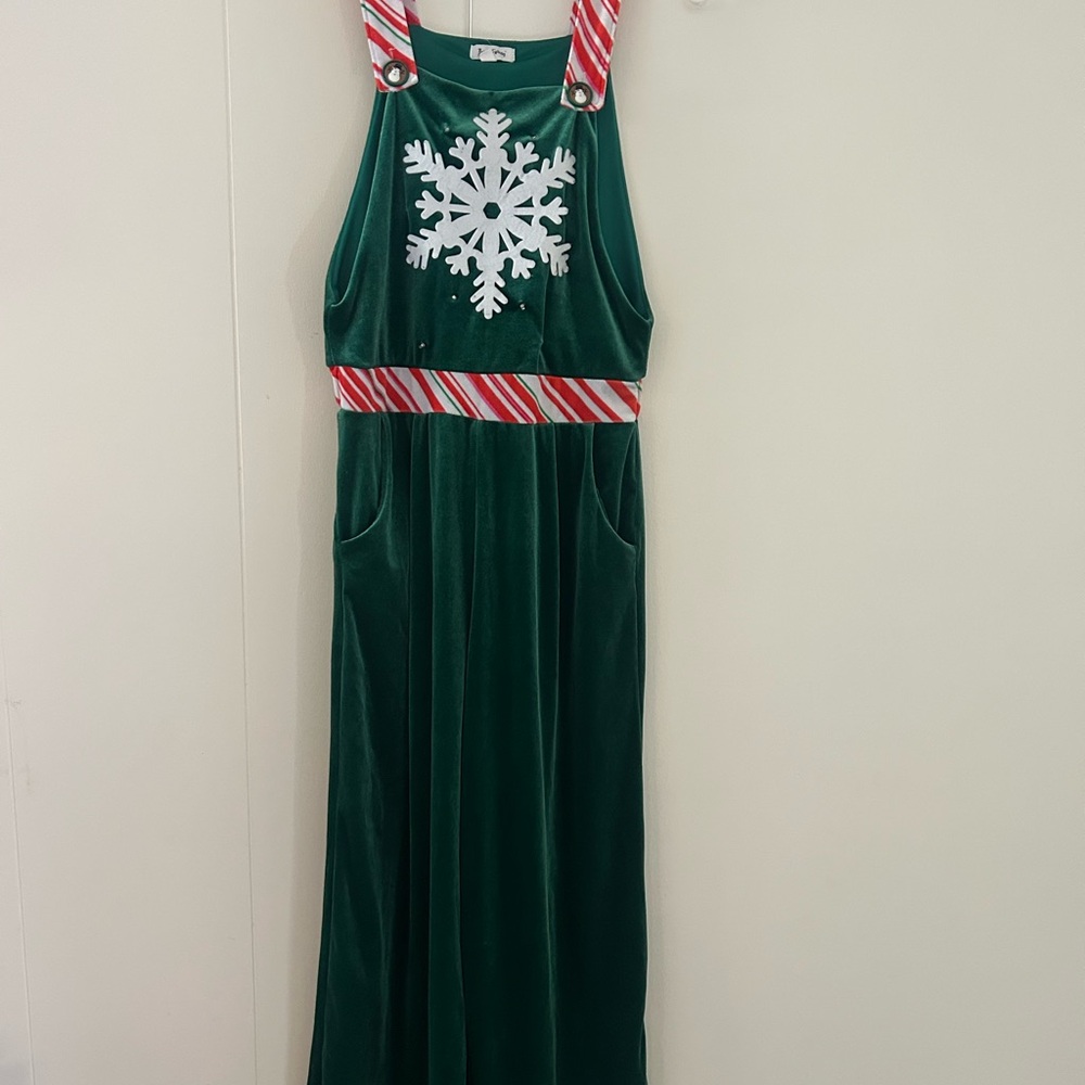 Green Holiday Jumpsuit with Snowflake Design